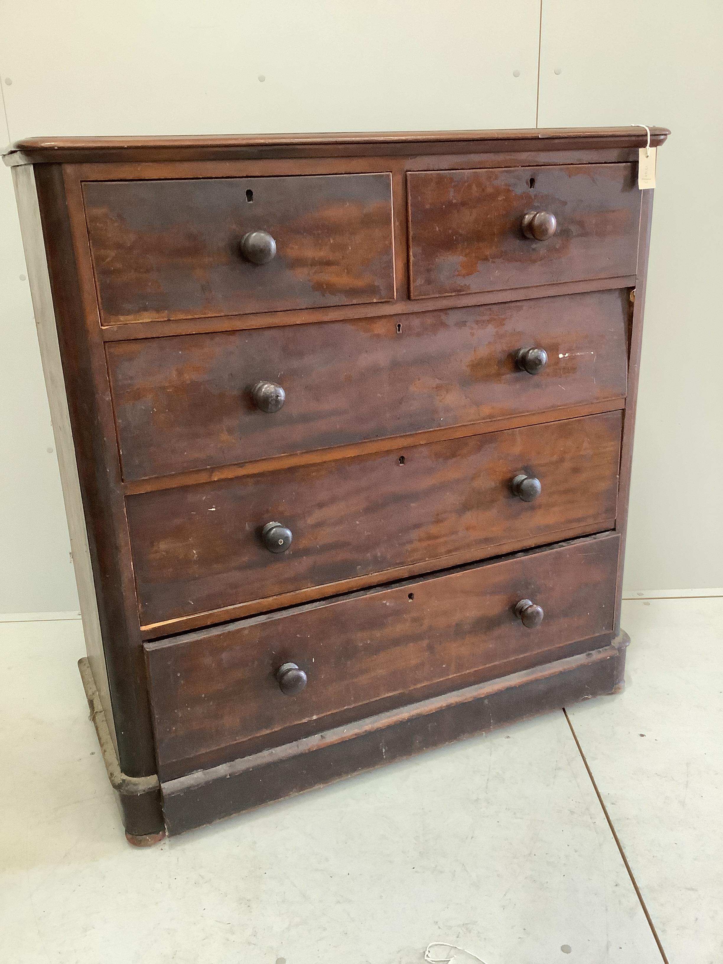 A Victorian mahogany five drawer chest, width 114cm, depth 51cm, height 120cm